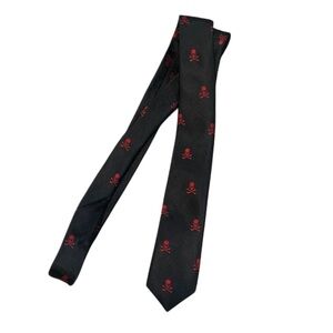Y2K Red Skull Print Skinny Pink Rock Goth Tie